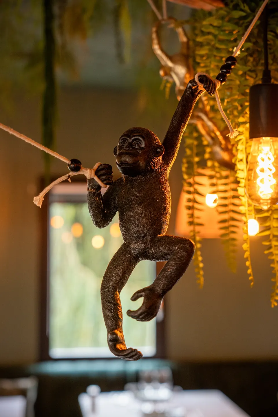 Détail de décoration : singe suspendu et lumière chaude